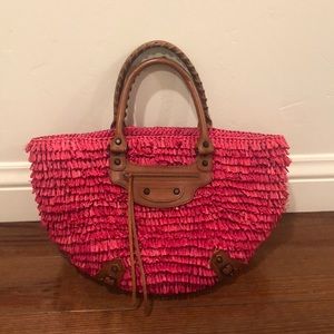 Balenciaga Pink Woven Raffia Arena Tote Bag